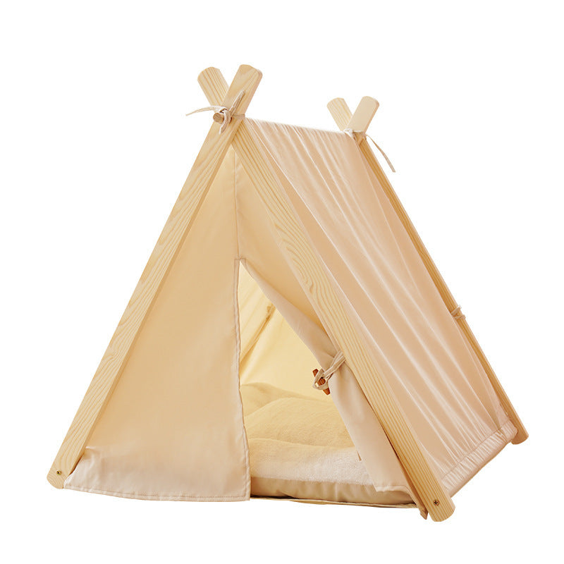 HKM-864787 Removable and Washable Striped Canvas Cat Tent with Solid Wood Frame - Large Size