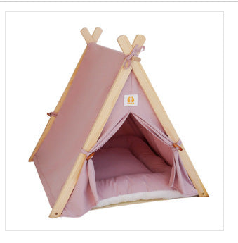 HKM-864787 Removable and Washable Striped Canvas Cat Tent with Solid Wood Frame - Large Size