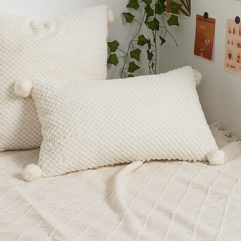 HKM-865235 Loop Velvet Geometric Pattern Pillow Cover with Four Fur Balls, 45x45cm and 30x50cm Options