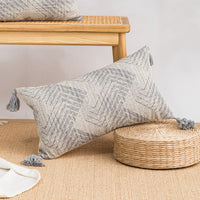 HKM-865235 Loop Velvet Geometric Pattern Pillow Cover with Four Fur Balls, 45x45cm and 30x50cm Options