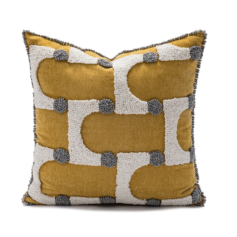 HKM-865235 Loop Velvet Geometric Pattern Pillow Cover with Four Fur Balls, 45x45cm and 30x50cm Options