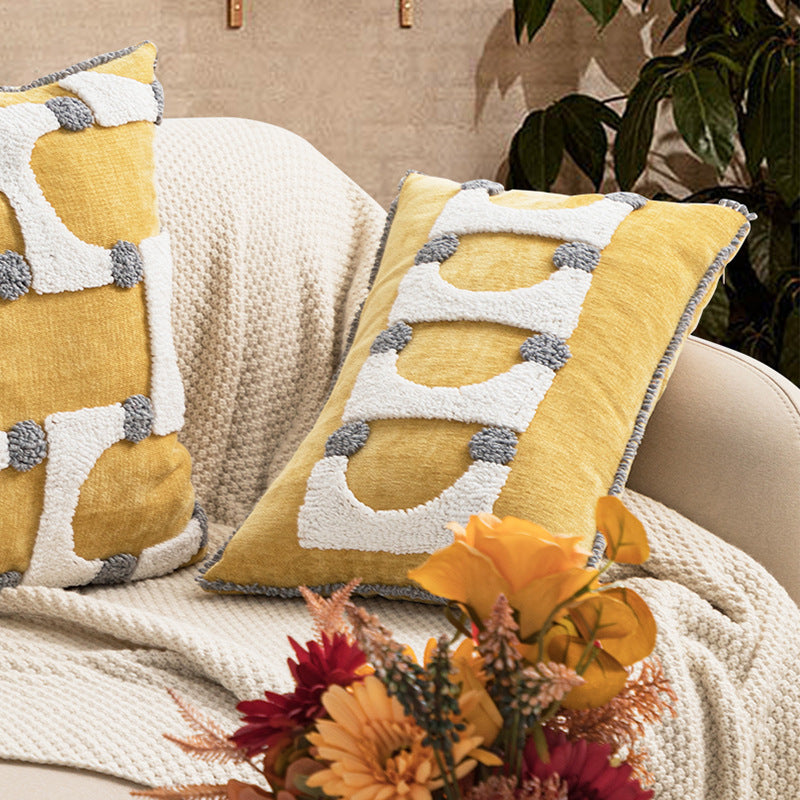 HKM-865235 Loop Velvet Geometric Pattern Pillow Cover with Four Fur Balls, 45x45cm and 30x50cm Options