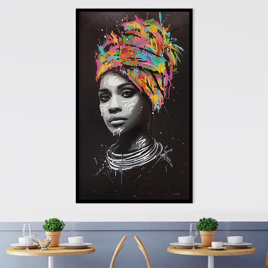 HKM-865427 Hand-Painted Canvas Art - Turban-Wearing African Woman in Vibrant Colors