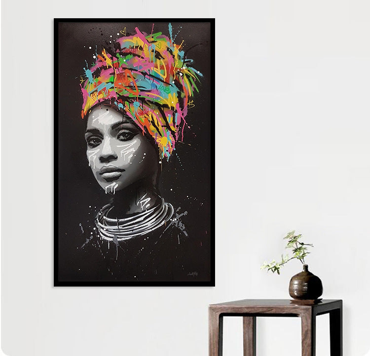 HKM-865427 Hand-Painted Canvas Art - Turban-Wearing African Woman in Vibrant Colors