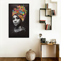 HKM-865427 Hand-Painted Canvas Art - Turban-Wearing African Woman in Vibrant Colors