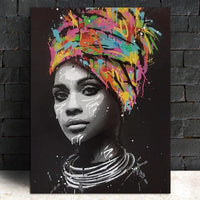 HKM-865427 Hand-Painted Canvas Art - Turban-Wearing African Woman in Vibrant Colors