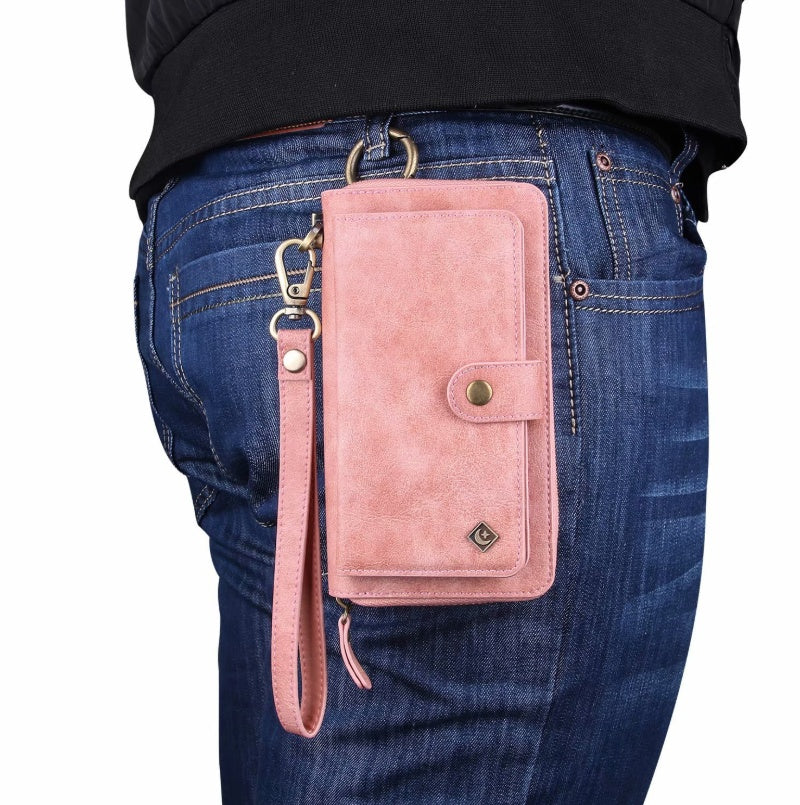 HKM-865683 Mobile Phone Zipper Wallet - Fashionable PU Leather Case for Samsung and iPhone Models in Black, Brown, Red, and Pink