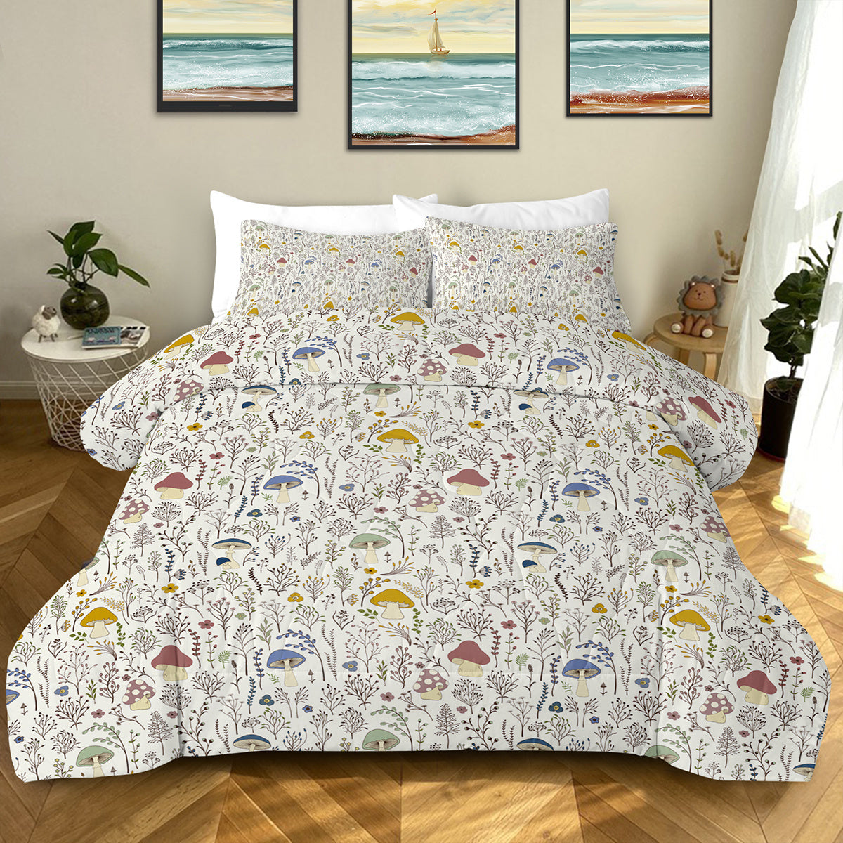 HKM-866259 Mushroom Print Microfiber Comforter Set with Shams - Twin, Full, Queen, King Sizes Available
