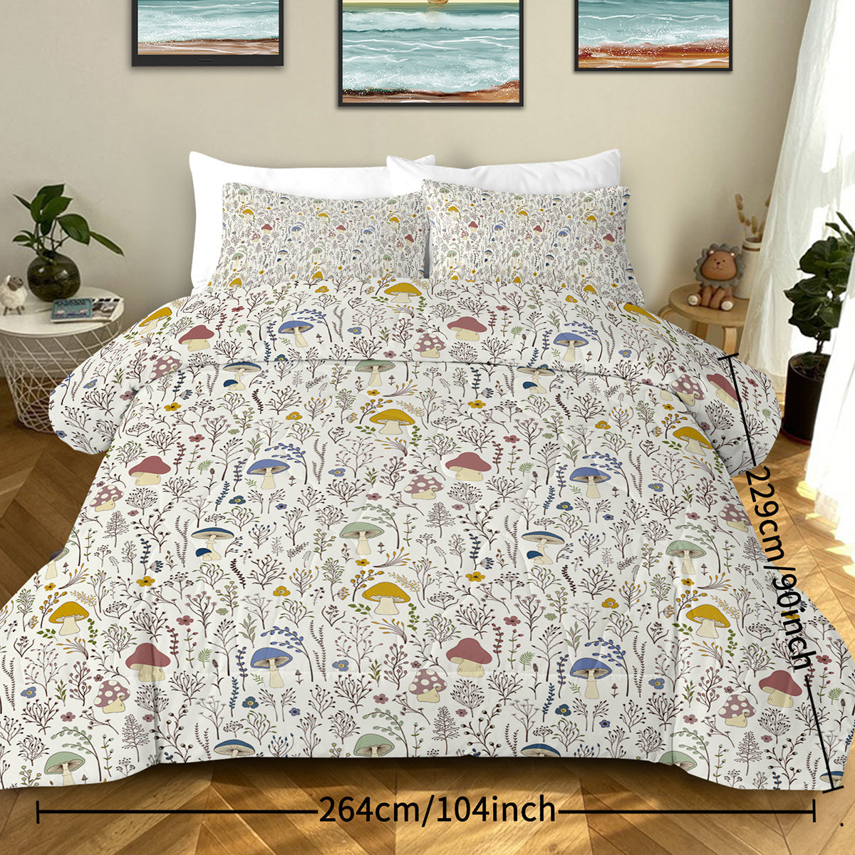 HKM-866259 Mushroom Print Microfiber Comforter Set with Shams - Twin, Full, Queen, King Sizes Available