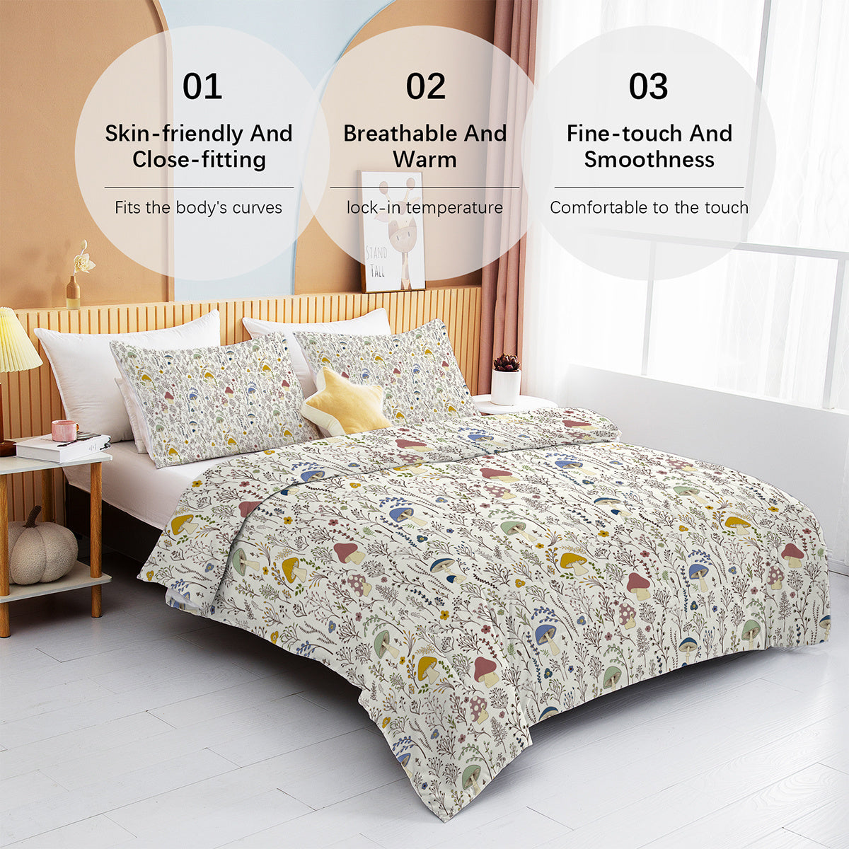 HKM-866259 Mushroom Print Microfiber Comforter Set with Shams - Twin, Full, Queen, King Sizes Available