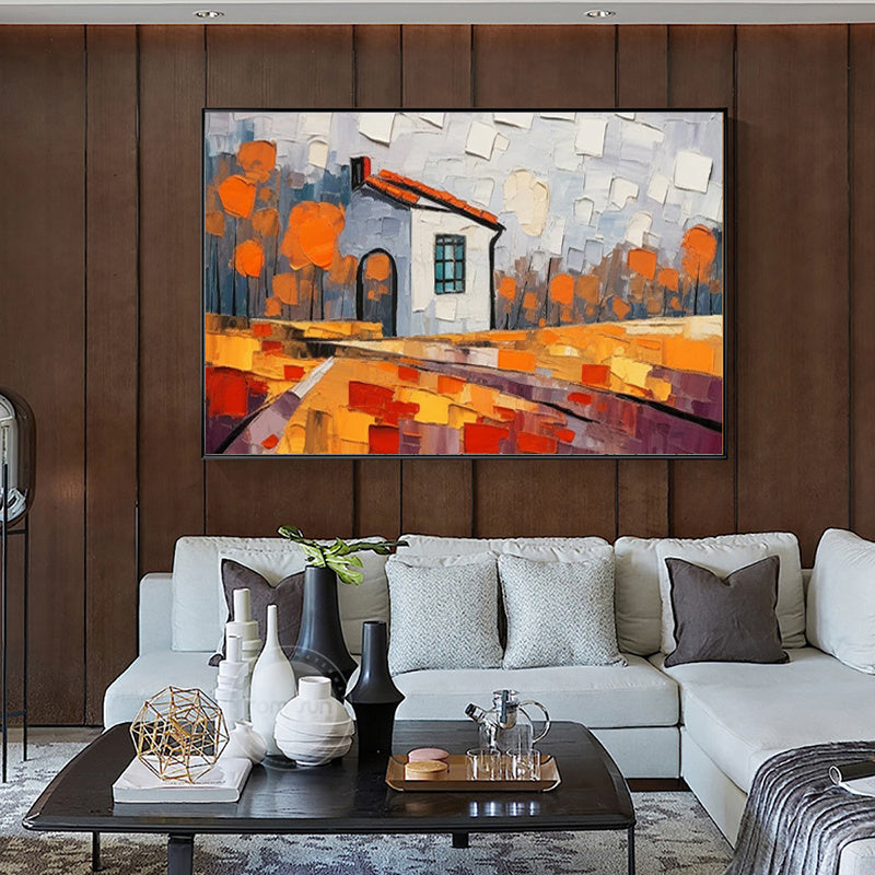 HKM-866515 Handmade Oil Painting of Rural Landscape on Canvas - Frameless Artwork for Living Room and Home Decor