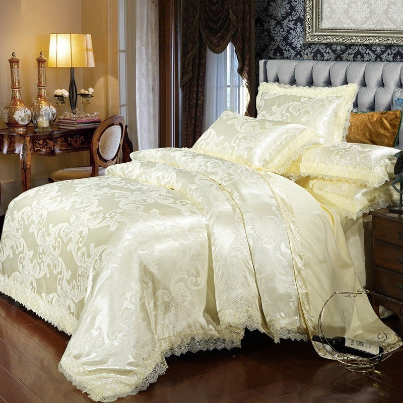 HKM-866899 Satin Jacquard Three-Piece Fitted Sheet Set with Duvet Cover and Pillowcases