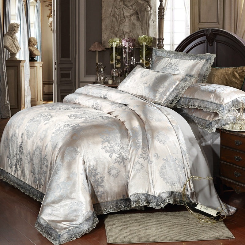 HKM-866899 Satin Jacquard Three-Piece Fitted Sheet Set with Duvet Cover and Pillowcases