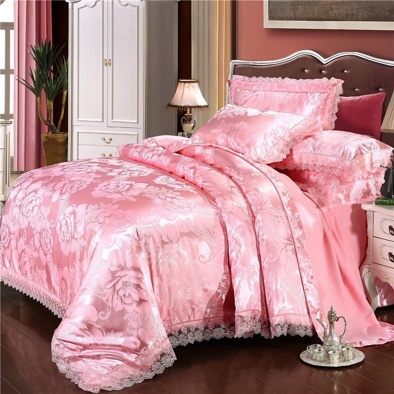 HKM-866899 Satin Jacquard Three-Piece Fitted Sheet Set with Duvet Cover and Pillowcases