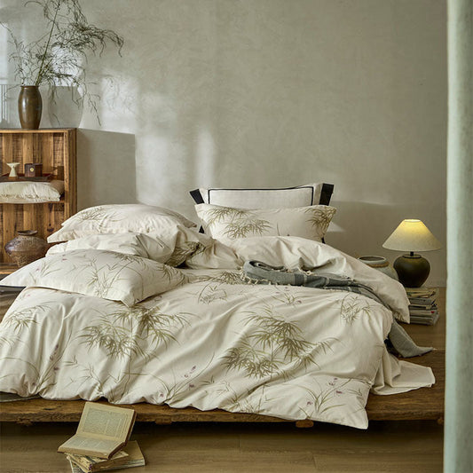 HKM-867411 Plant and Flower Print Cotton and Linen Four-Piece Bed Sheet Set