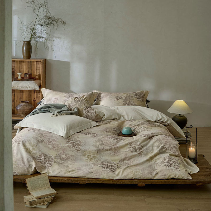 HKM-867411 Plant and Flower Print Cotton and Linen Four-Piece Bed Sheet Set