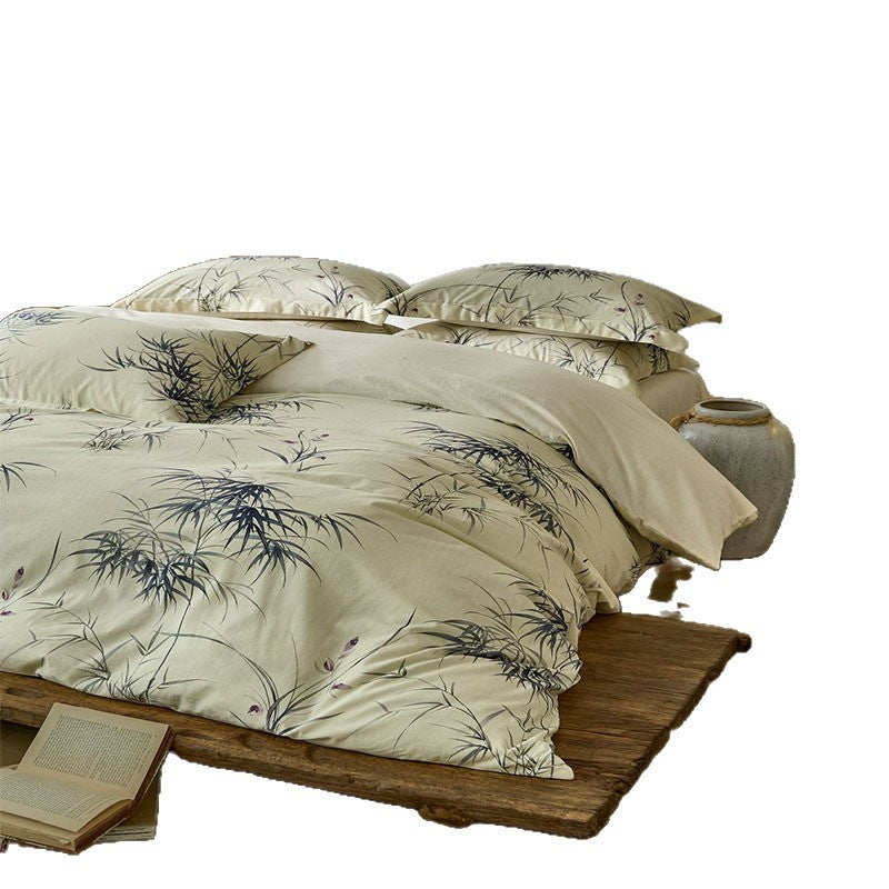 HKM-867411 Plant and Flower Print Cotton and Linen Four-Piece Bed Sheet Set