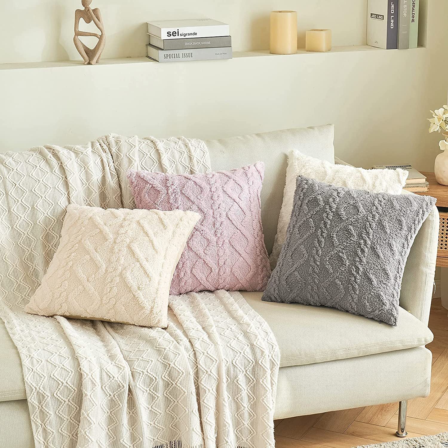 HKM-867475 Plush Jacquard Cut Flower Pillow Cover - Solid Color & Geometric Patterns