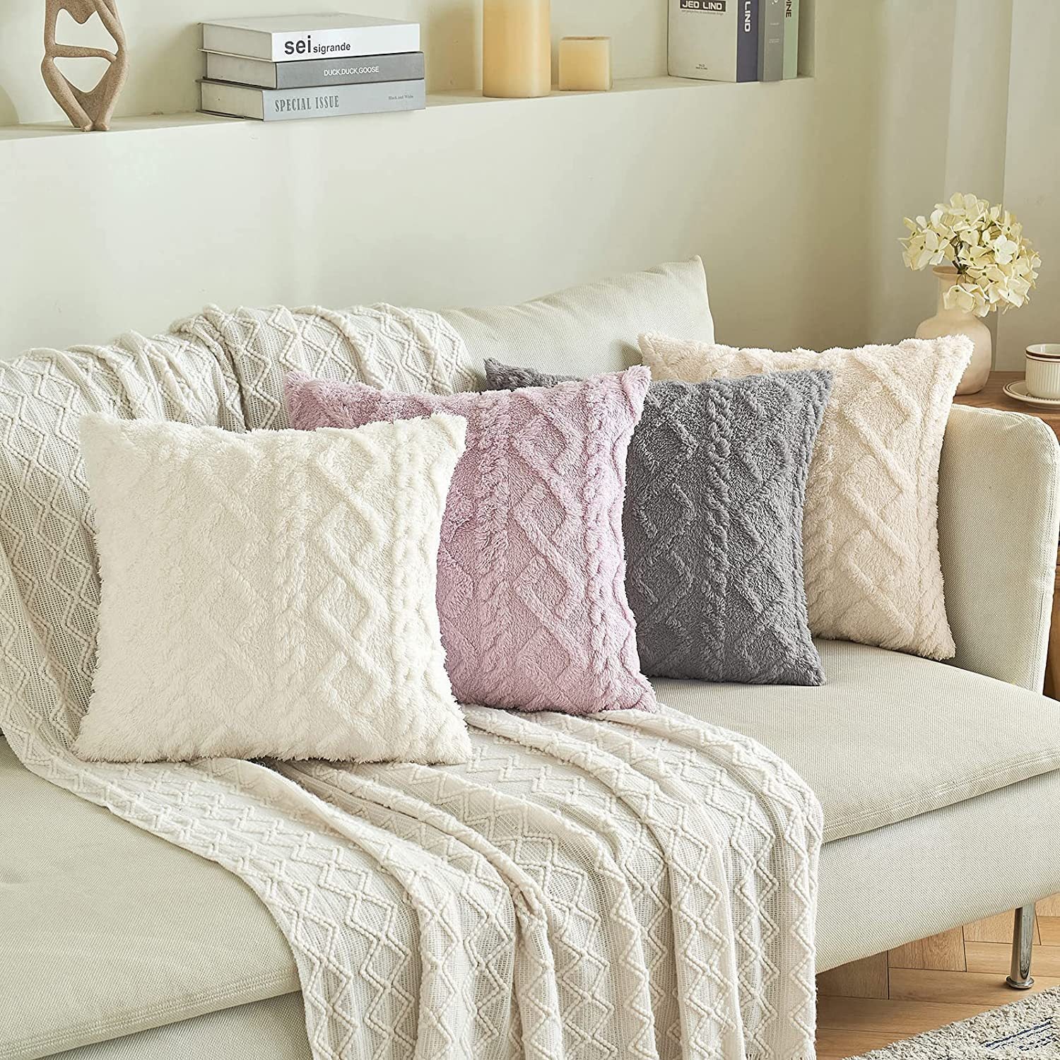 HKM-867475 Plush Jacquard Cut Flower Pillow Cover - Solid Color & Geometric Patterns