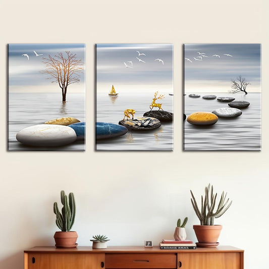 HKM-868819 Frameless Triple Canvas Decorative Painting Set - Multiple Sizes Available, Perfect for Home Decor