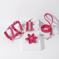 HKM-869587 Fashionable Pet Collar Set with Bow, Lead Rope, Poop Bag, and Flower Accessory