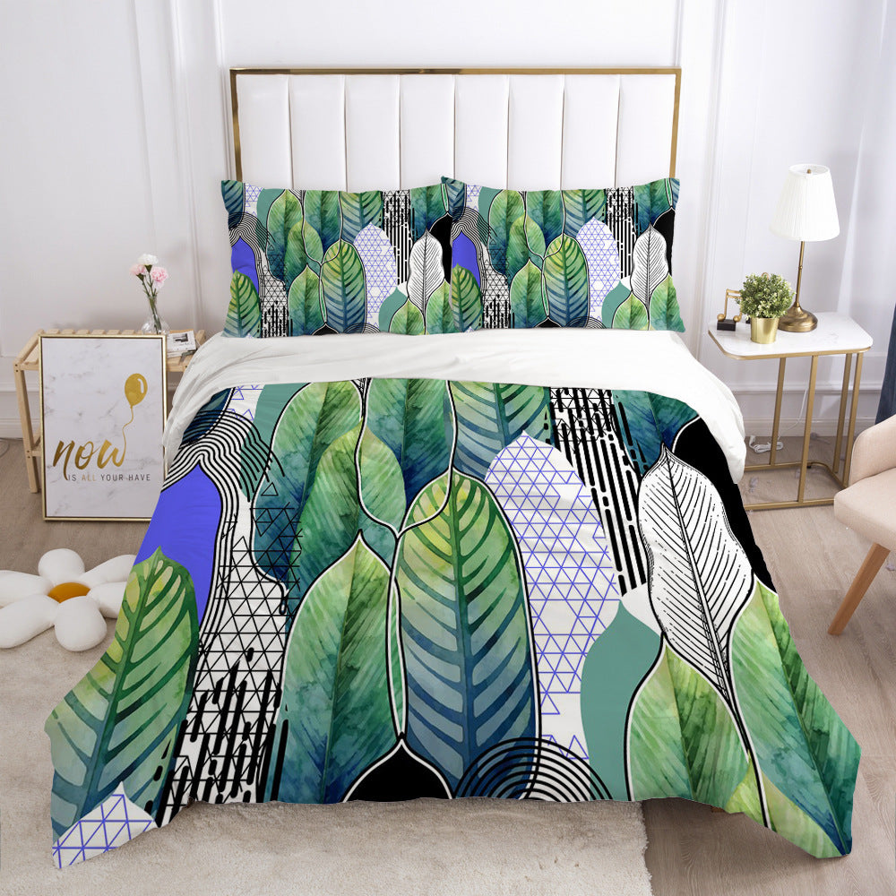 HKM-870035 Nordic Spring Green Leaf Bedding Set - Quilt Cover with Pillowcases in Various Sizes
