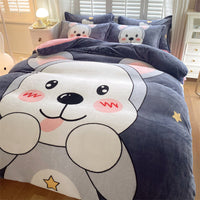 HKM-871187 Cute Cartoon Milk Velvet 4-Piece Bedding Set for Warmth and Comfort