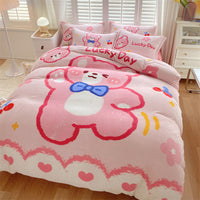 HKM-871187 Cute Cartoon Milk Velvet 4-Piece Bedding Set for Warmth and Comfort