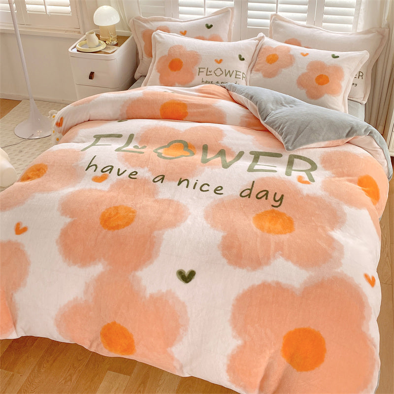 HKM-871187 Cute Cartoon Milk Velvet 4-Piece Bedding Set for Warmth and Comfort