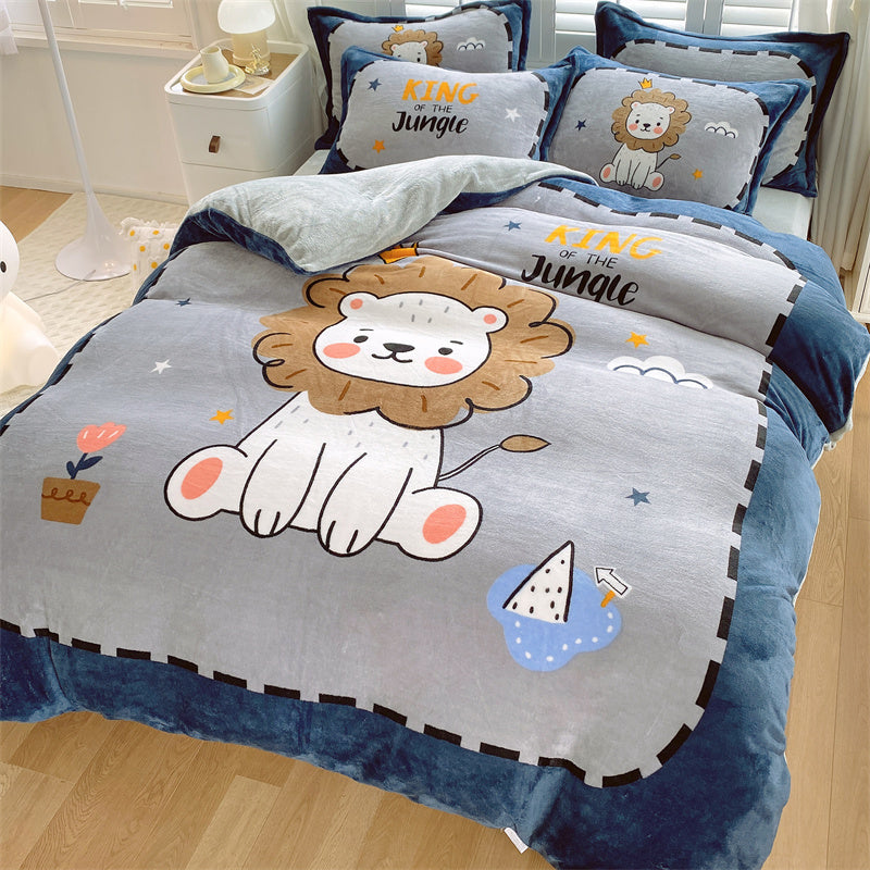 HKM-871187 Cute Cartoon Milk Velvet 4-Piece Bedding Set for Warmth and Comfort