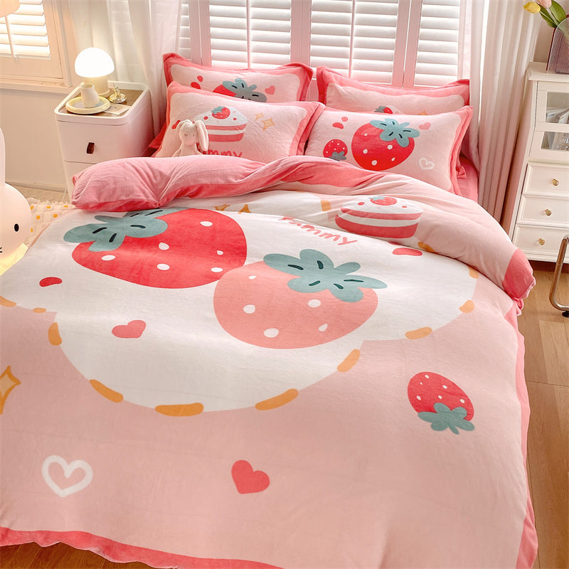 HKM-871187 Cute Cartoon Milk Velvet 4-Piece Bedding Set for Warmth and Comfort