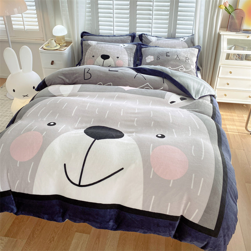 HKM-871187 Cute Cartoon Milk Velvet 4-Piece Bedding Set for Warmth and Comfort