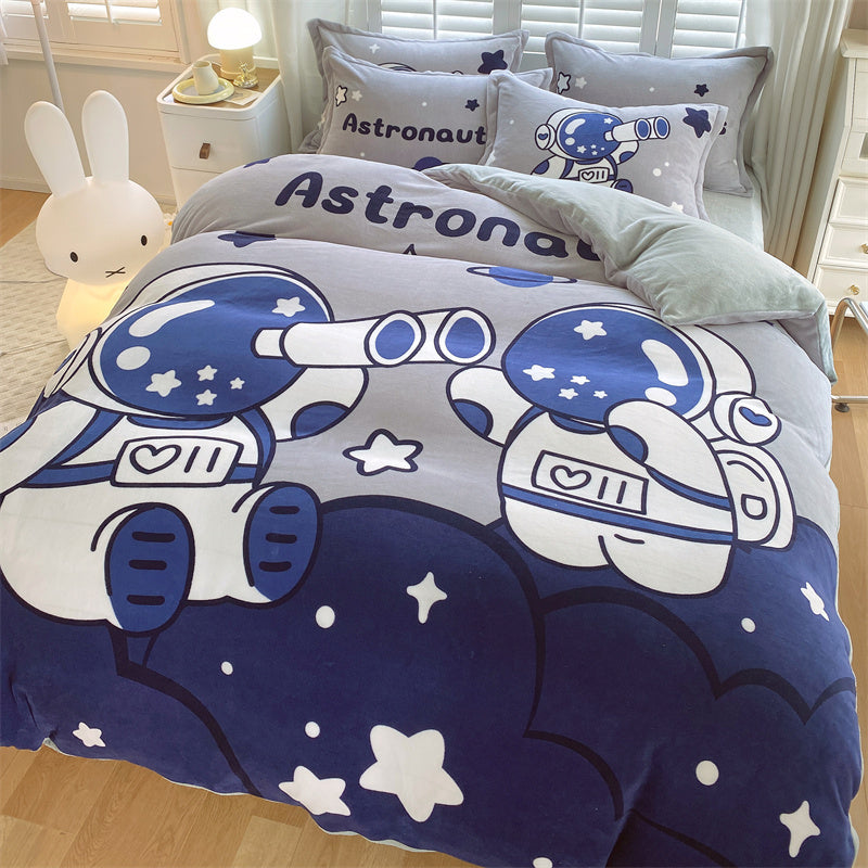 HKM-871187 Cute Cartoon Milk Velvet 4-Piece Bedding Set for Warmth and Comfort