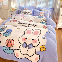 HKM-871187 Cute Cartoon Milk Velvet 4-Piece Bedding Set for Warmth and Comfort