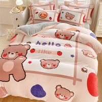 HKM-871187 Cute Cartoon Milk Velvet 4-Piece Bedding Set for Warmth and Comfort