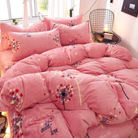 HKM-872339 Flannel Bedding Set of 4 with Cute Floral Patterns - Includes Bed Sheet Cover, Quilt Cover, and Pillowcase