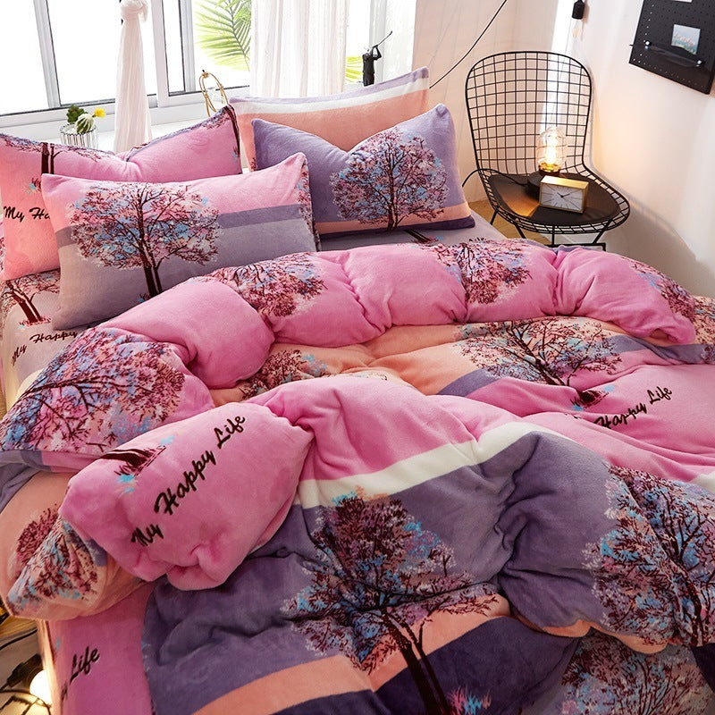 HKM-872339 Flannel Bedding Set of 4 with Cute Floral Patterns - Includes Bed Sheet Cover, Quilt Cover, and Pillowcase