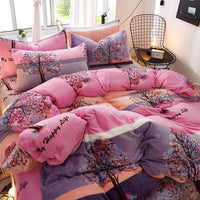 HKM-872339 Flannel Bedding Set of 4 with Cute Floral Patterns - Includes Bed Sheet Cover, Quilt Cover, and Pillowcase