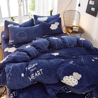 HKM-872339 Flannel Bedding Set of 4 with Cute Floral Patterns - Includes Bed Sheet Cover, Quilt Cover, and Pillowcase