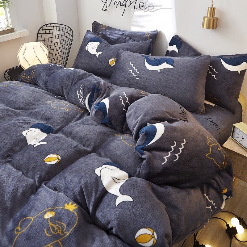 HKM-872339 Flannel Bedding Set of 4 with Cute Floral Patterns - Includes Bed Sheet Cover, Quilt Cover, and Pillowcase