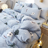 HKM-872339 Flannel Bedding Set of 4 with Cute Floral Patterns - Includes Bed Sheet Cover, Quilt Cover, and Pillowcase