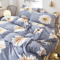 HKM-872339 Flannel Bedding Set of 4 with Cute Floral Patterns - Includes Bed Sheet Cover, Quilt Cover, and Pillowcase