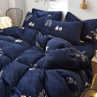 HKM-872339 Flannel Bedding Set of 4 with Cute Floral Patterns - Includes Bed Sheet Cover, Quilt Cover, and Pillowcase