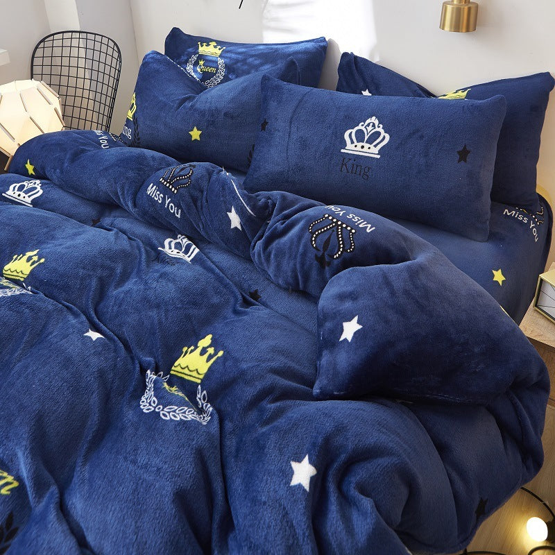HKM-872339 Flannel Bedding Set of 4 with Cute Floral Patterns - Includes Bed Sheet Cover, Quilt Cover, and Pillowcase