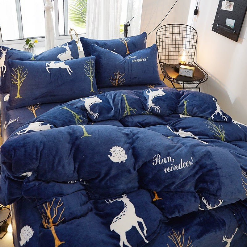 HKM-872339 Flannel Bedding Set of 4 with Cute Floral Patterns - Includes Bed Sheet Cover, Quilt Cover, and Pillowcase