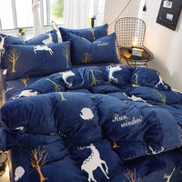 HKM-872339 Flannel Bedding Set of 4 with Cute Floral Patterns - Includes Bed Sheet Cover, Quilt Cover, and Pillowcase