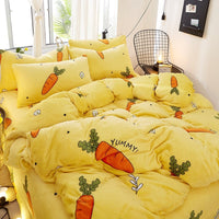 HKM-872339 Flannel Bedding Set of 4 with Cute Floral Patterns - Includes Bed Sheet Cover, Quilt Cover, and Pillowcase