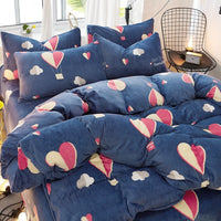 HKM-872339 Flannel Bedding Set of 4 with Cute Floral Patterns - Includes Bed Sheet Cover, Quilt Cover, and Pillowcase