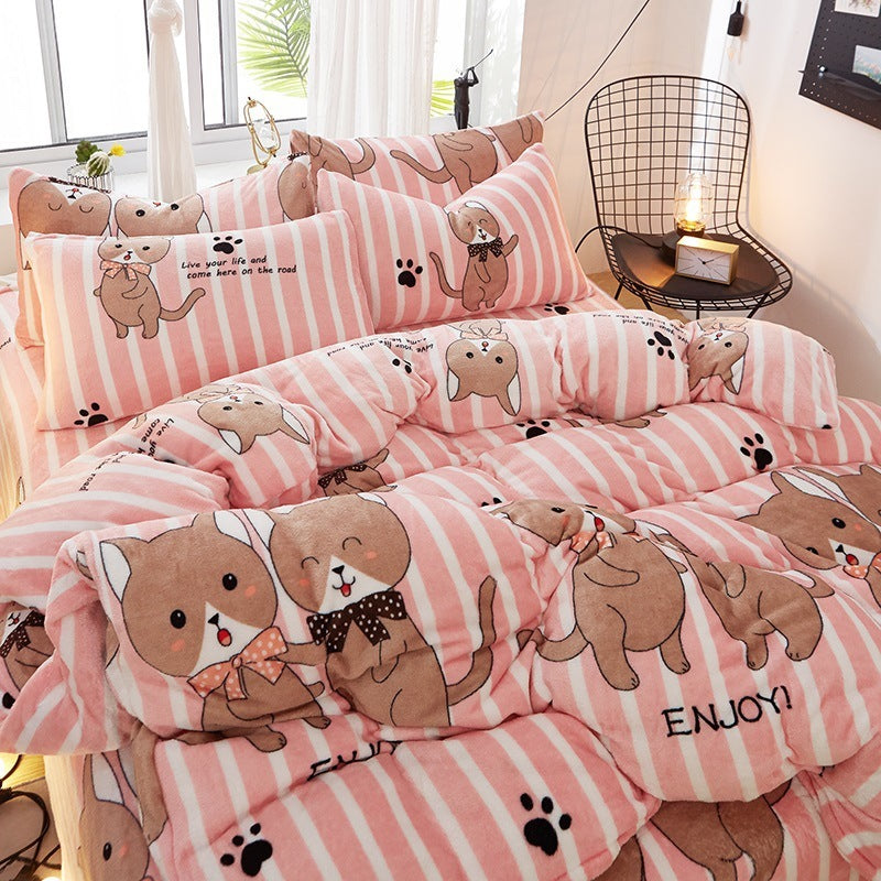 HKM-872339 Flannel Bedding Set of 4 with Cute Floral Patterns - Includes Bed Sheet Cover, Quilt Cover, and Pillowcase