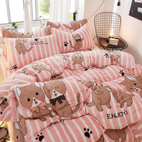 HKM-872339 Flannel Bedding Set of 4 with Cute Floral Patterns - Includes Bed Sheet Cover, Quilt Cover, and Pillowcase